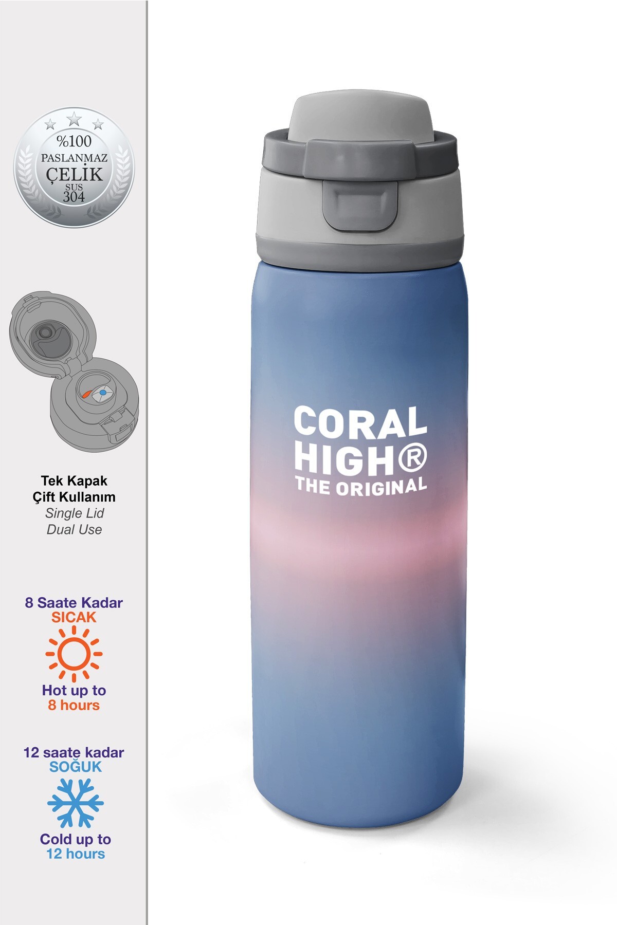 Coral High Renk Geçişli Pipetli ve Direkt İçim Çelik Termos 800 ml 38559