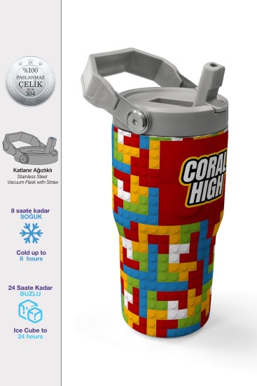 Coral High Renkli Blok Desenli Katlanır Ağızlıklı Çelik Termos 600 ml 38917 - Coral High
