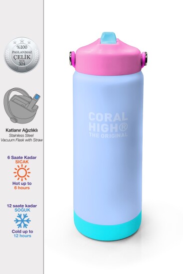 Coral High Renkli Buz Mavisi Desenli Katlanır Ağızlıklı Çelik Termos 650 ml 38359 - Coral High