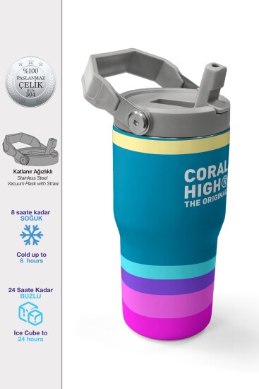 Coral High Renkli Çizgi Desenli Katlanır Ağızlıklı Çelik Termos 600 ml 38910 - Coral High
