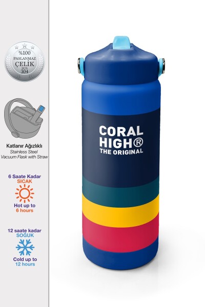Coral High Renkli Çizgi Desenli Katlanır Ağızlıklı Çelik Termos 650 ml 38322 - 1