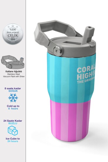 Coral High Renkli Çizgili Desenli Katlanır Ağızlıklı Çelik Termos 600 ml 38909 - Coral High