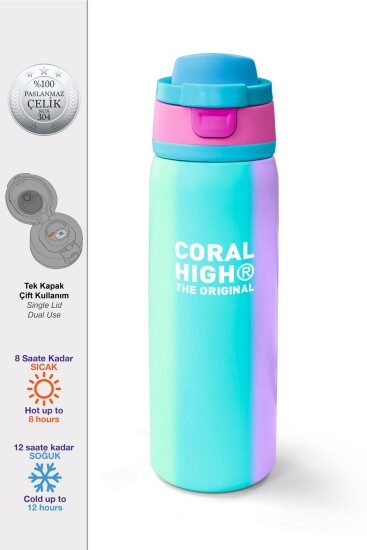 Coral High Renkli Çizgili Desenli Pipetli ve Direkt İçim Çelik Termos 800 ml 38519 