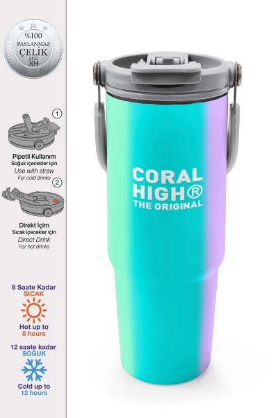 Coral High Renkli Çizgili Desenli Pipetli ve Direkt İçim Çelik Termos 900 ml 38708 - 1