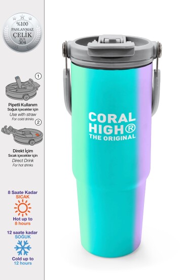 Coral High Renkli Çizgili Desenli Pipetli ve Direkt İçim Çelik Termos 900 ml 38708 