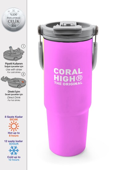 Coral High Renkli Çizgili Desenli Pipetli ve Direkt İçim Çelik Termos 900 ml 38716 - Coral High