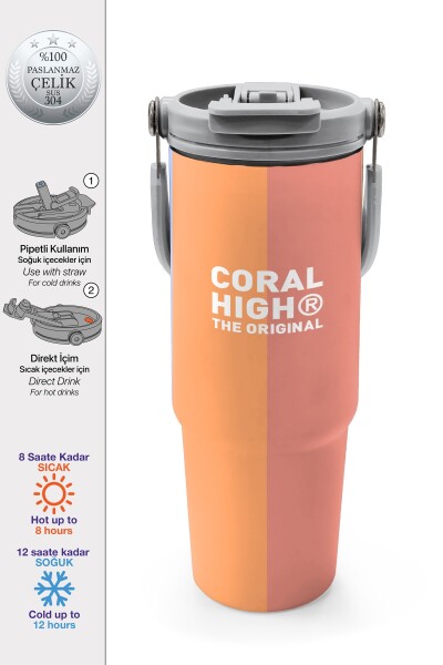 Coral High Renkli Çizgili Desenli Pipetli ve Direkt İçim Çelik Termos 900 ml 38746 - 1