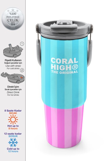 Coral High Renkli Çizgili Desenli Pipetli ve Direkt İçim Çelik Termos 900 ml 38747 - Coral High