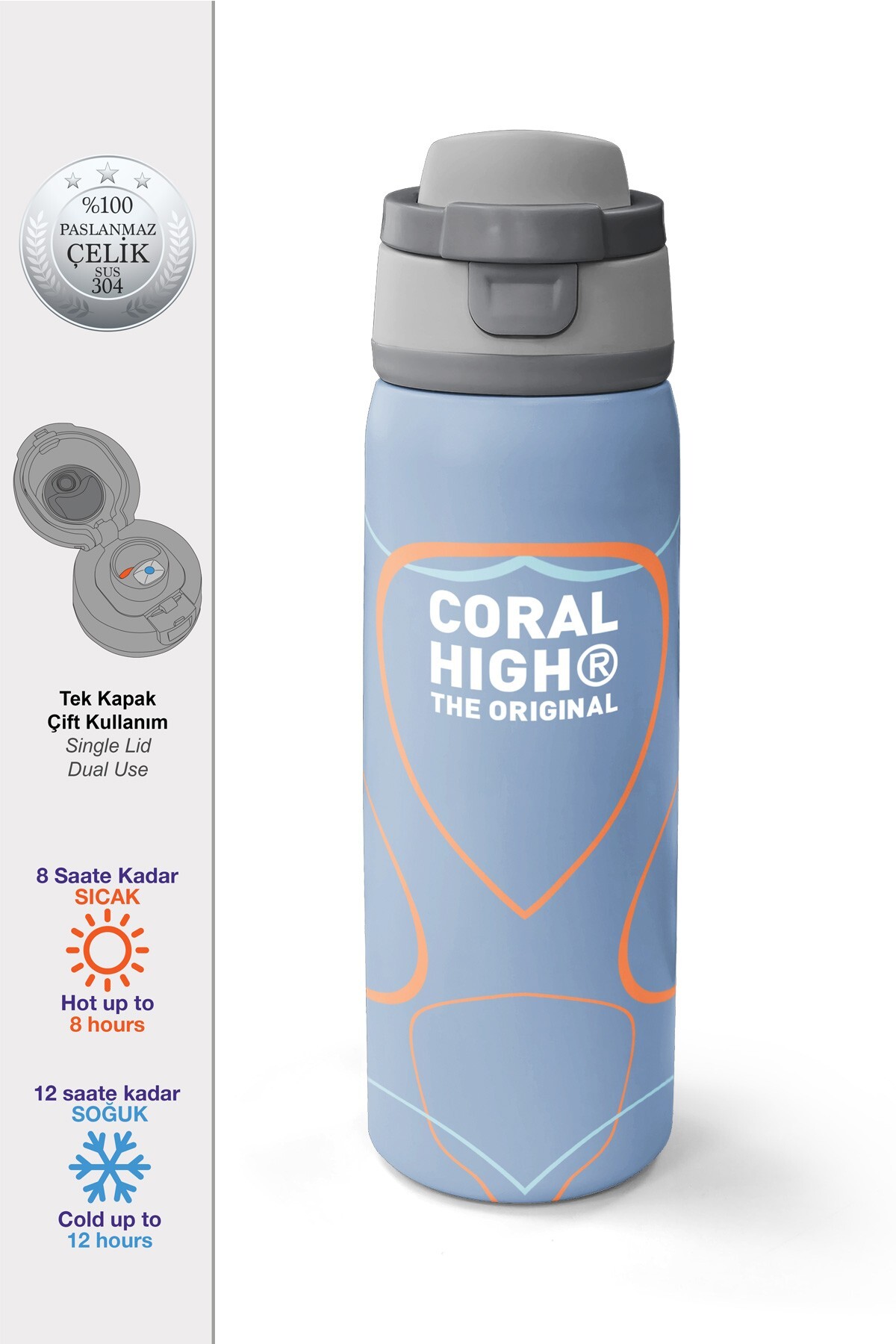 Coral High Renkli Desenli Pipetli ve Direkt İçim Çelik Termos 800 ml 38570