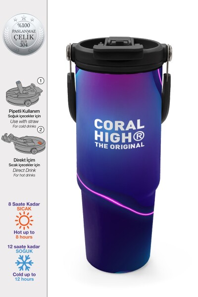 Coral High Renkli Desenli Pipetli ve Direkt İçim Çelik Termos 900 ml 38735 - 1