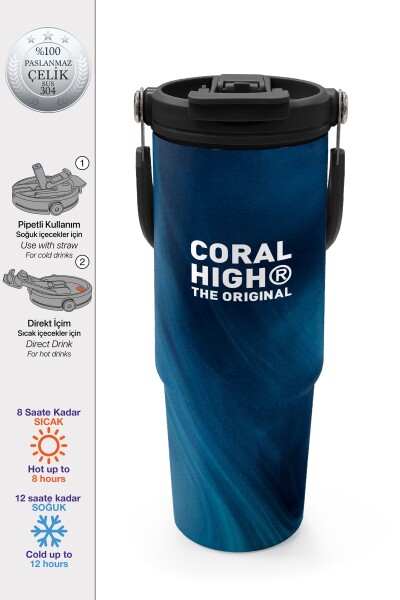Coral High Renkli Desenli Pipetli ve Direkt İçim Çelik Termos 900 ml 38736 - 1