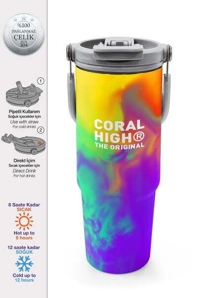 Coral High Renkli Desenli Pipetli ve Direkt İçim Çelik Termos 900 ml 38738 - 1