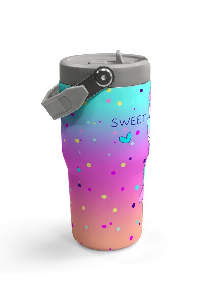 Coral High Renkli Dondurmalı Kedi Desenli Katlanır Ağızlıklı Çelik Termos 600 ml 38914 - 4