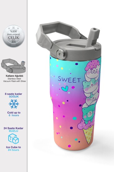 Coral High Renkli Dondurmalı Kedi Desenli Katlanır Ağızlıklı Çelik Termos 600 ml 38914 - 1