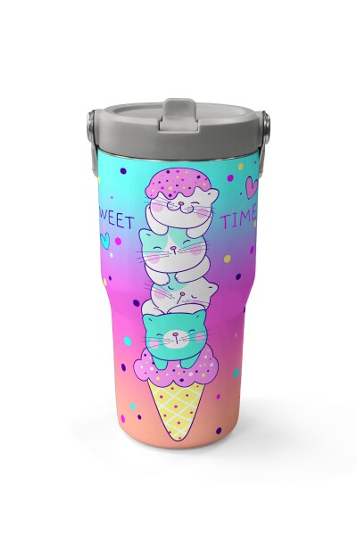 Coral High Renkli Dondurmalı Kedi Desenli Katlanır Ağızlıklı Çelik Termos 600 ml 38914 - 2