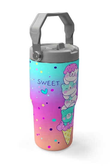 Coral High Renkli Dondurmalı Kedi Desenli Katlanır Ağızlıklı Çelik Termos 600 ml 38914 - 3