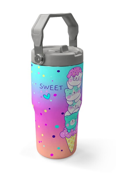 Coral High Renkli Dondurmalı Kedi Desenli Katlanır Ağızlıklı Çelik Termos 600 ml 38914 - 3