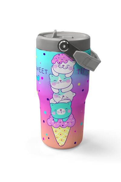 Coral High Renkli Dondurmalı Kedi Desenli Katlanır Ağızlıklı Çelik Termos 600 ml 38914 - 6