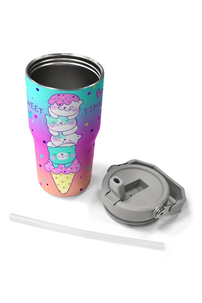 Coral High Renkli Dondurmalı Kedi Desenli Katlanır Ağızlıklı Çelik Termos 600 ml 38914 - 7