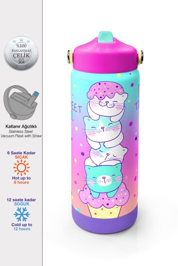 Coral High Renkli Dondurmalı Kedi Desenli Katlanır Ağızlıklı Çelik Termos 650 ml 38384 - 1