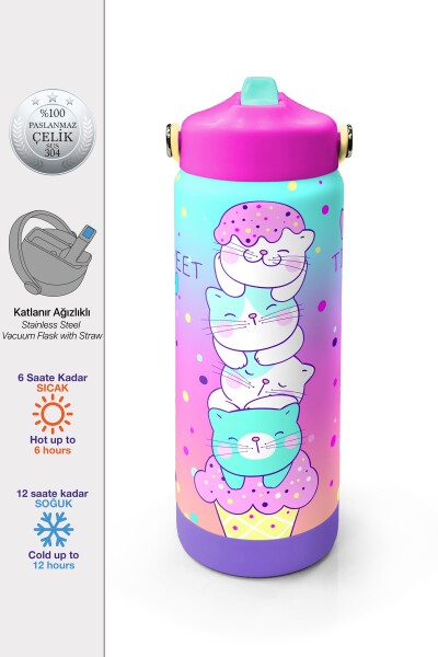 Coral High Renkli Dondurmalı Kedi Desenli Katlanır Ağızlıklı Çelik Termos 650 ml 38384 - 1