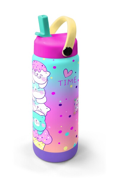 Coral High Renkli Dondurmalı Kedi Desenli Katlanır Ağızlıklı Çelik Termos 650 ml 38384 - 2
