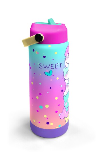 Coral High Renkli Dondurmalı Kedi Desenli Katlanır Ağızlıklı Çelik Termos 650 ml 38384 - 3