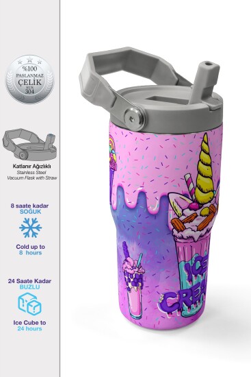 Coral High Renkli Milkshake Desenli Katlanır Ağızlıklı Çelik Termos 600 ml 38913 - Coral High
