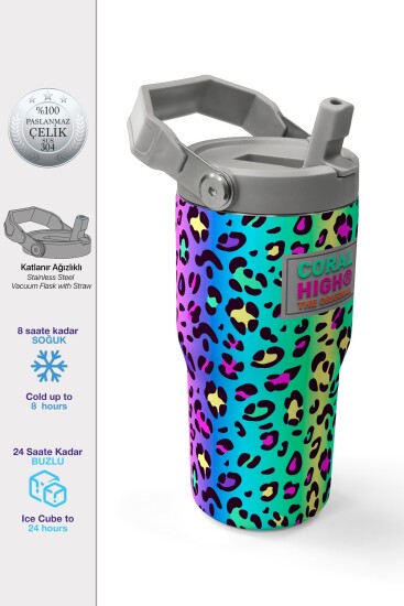 Coral High Renkli Leopar Desenli Katlanır Ağızlıklı Çelik Termos 600 ml 38911 - Coral High