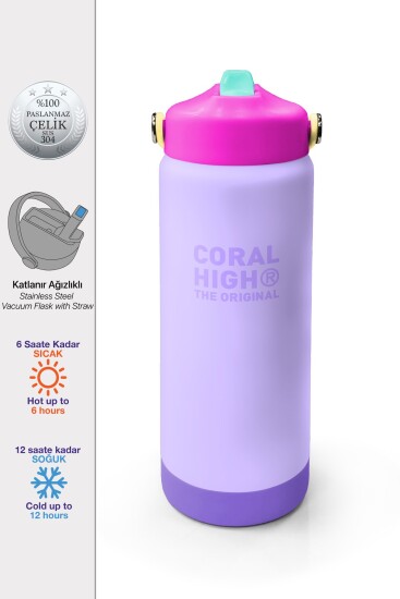 Coral High Renkli Lila Pembe Desenli Katlanır Ağızlıklı Çelik Termos 650 ml 38360 - 1