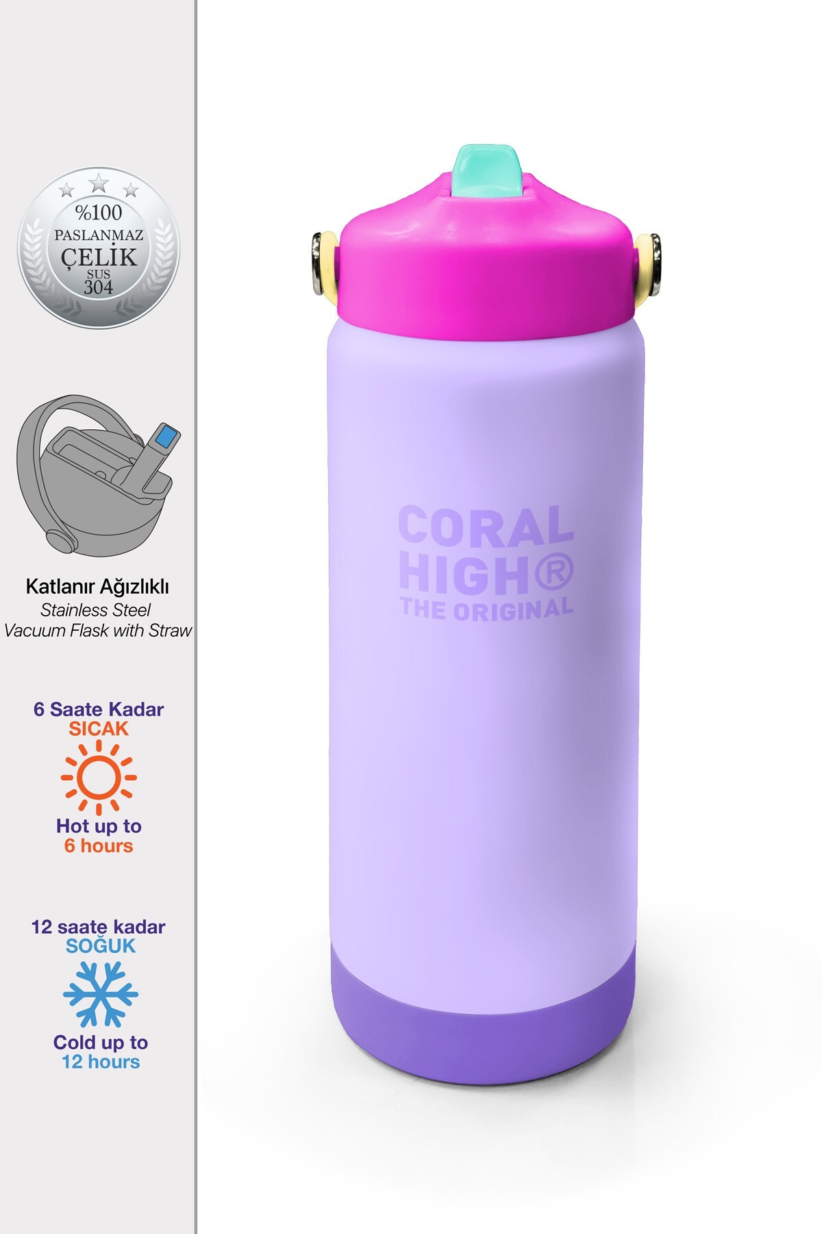 Coral High Renkli Lila Pembe Desenli Katlanır Ağızlıklı Çelik Termos 650 ml 38360