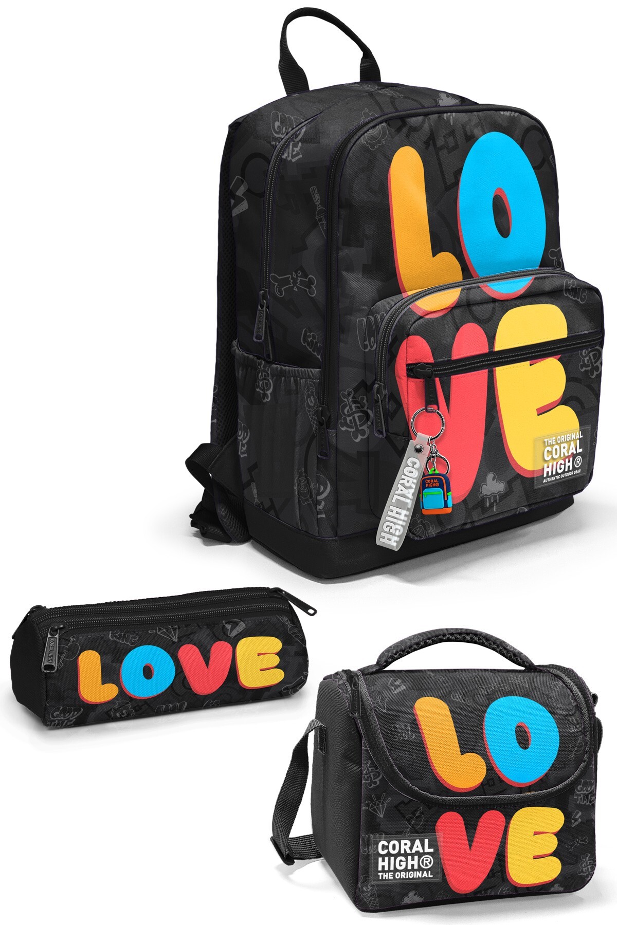 Coral High Renkli Love Desenli 3’lü Okul Çanta Seti SET0133230