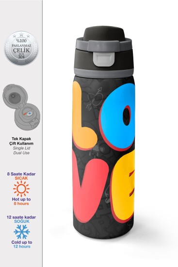 Coral High Renkli Love Desenli Pipetli ve Direkt İçim Çelik Termos 800 ml 38508 