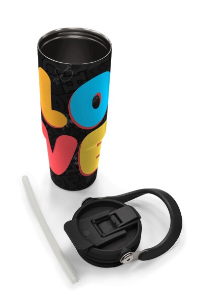 Coral High Renkli Love Desenli Pipetli ve Direkt İçim Çelik Termos 900 ml 38706 - 8