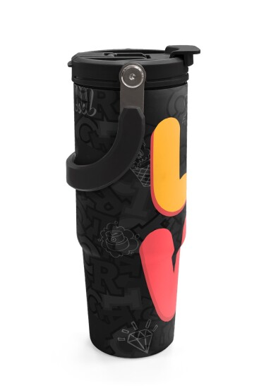 Coral High Renkli Love Desenli Pipetli ve Direkt İçim Çelik Termos 900 ml 38706 - 6