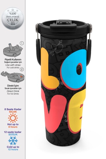 Coral High Renkli Love Desenli Pipetli ve Direkt İçim Çelik Termos 900 ml 38706 