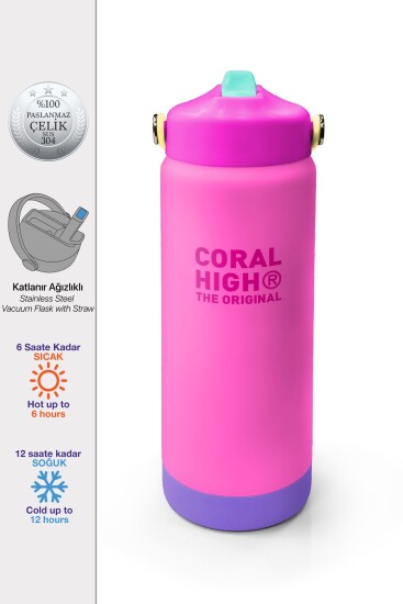 Coral High Renkli Pembe Lila Desenli Katlanır Ağızlıklı Çelik Termos 650 ml 38361 