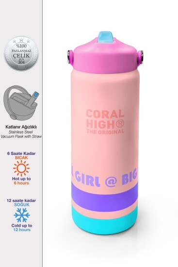Coral High Renkli Pudra Desenli Katlanır Ağızlıklı Çelik Termos 650 ml 38369 - Coral High