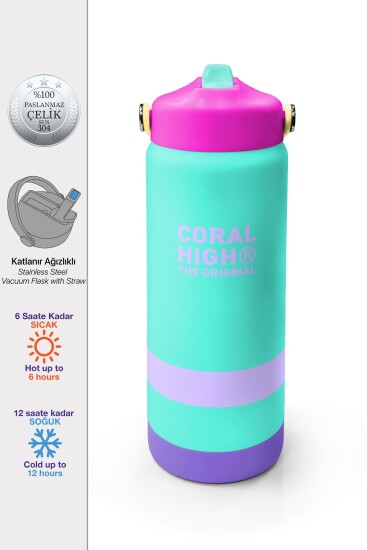 Coral High Renkli Su Yeşili Desenli Katlanır Ağızlıklı Çelik Termos 650 ml 38364 - Coral High