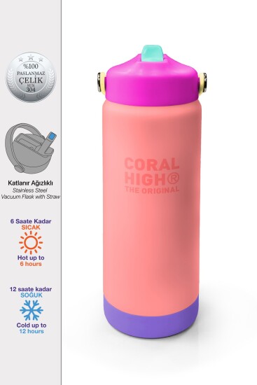 Coral High Renkli Yavruağzı Desenli Katlanır Ağızlıklı Çelik Termos 650 ml 38362 - Coral High