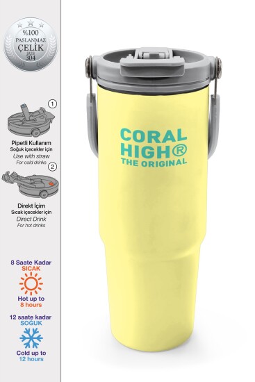 Coral High Sarı Pipetli ve Direkt İçim Çelik Termos 900 ml 38752 - Coral High