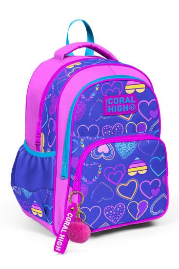 Coral High Kids Açık Pembe Lavanta Kalp Desenli Üç Bölmeli Okul Sırt Çantası 23401 - 1
