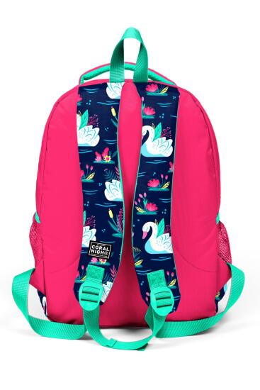 Coral High Kids Neon Mercan Lacivert Kuğu Desenli Üç Bölmeli Okul Sırt Çantası 23402 - 2