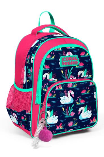 Coral High Kids Neon Mercan Lacivert Kuğu Desenli Üç Bölmeli Okul Sırt Çantası 23402 