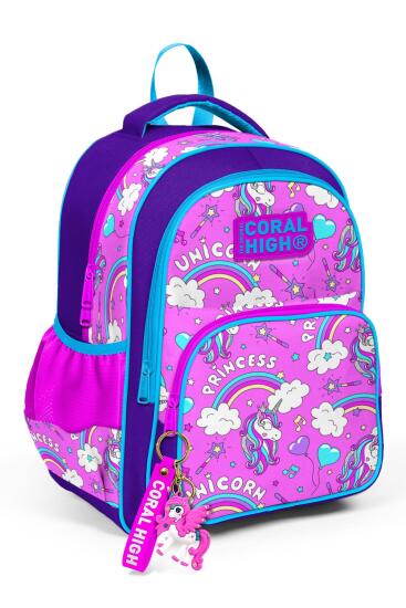 Coral High Kids Mor Açık Pembe Unicorn Desenli Üç Bölmeli Okul Sırt Çantası 23404 