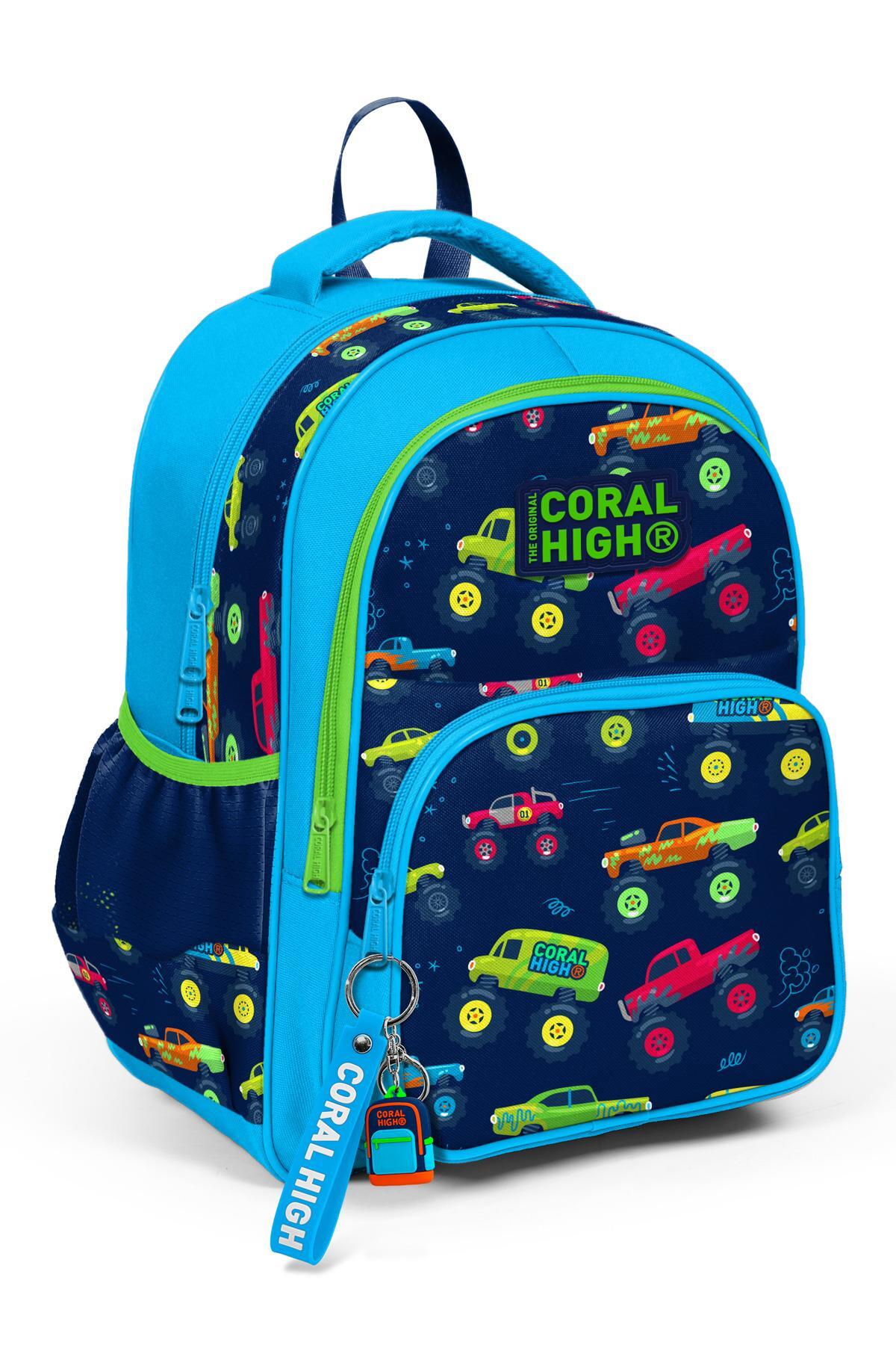 Coral High Kids Mavi Lacivert Monster Truck Desenli Üç Bölmeli Okul Sırt Çantası 23406