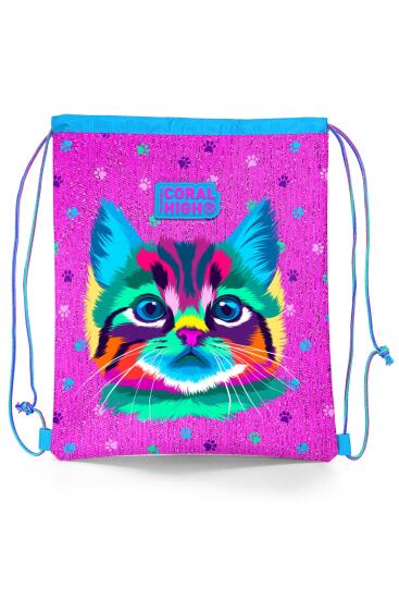 Coral High Kıds Mor Pembe Kedi Desenli İpli Büzgülü Sırt Çantası 22682 