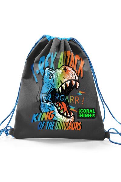 Coral High Kids Gri Dinozor Desenli İpli Büzgülü Sırt Çantası 22687 - 2