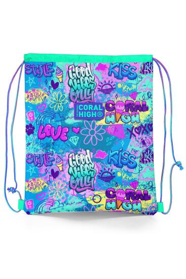 Coral High Kids Lavanta Su Yeşili Grafiti Desenli İpli Büzgülü Sırt Çantası 22672 - 1