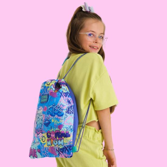 Coral High Kids Lavanta Su Yeşili Grafiti Desenli İpli Büzgülü Sırt Çantası 22672 - 4